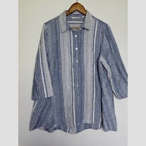 Soft Surroundings Linen Cotton Stripe Button Front Shirt XL Blue White Relaxed